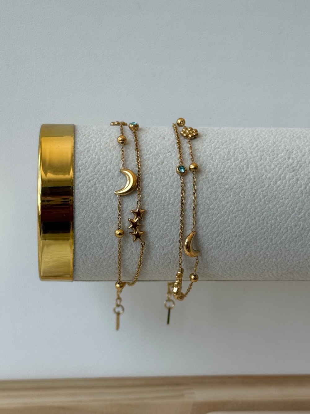 Gold Moon & Star Layered Stainless Steel Bracelet with Blue Accent Bead